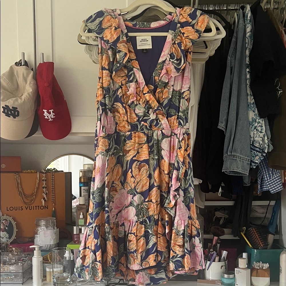 Anthropologie Navy and Orange Floral Mini Dress